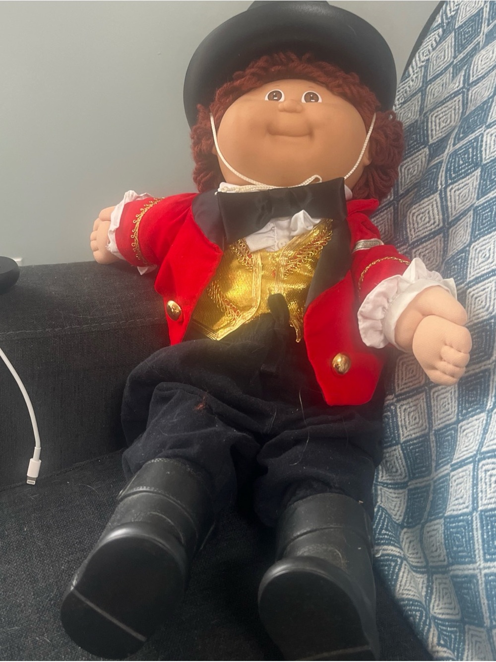 Cabbage Patch Top Hat 1987 red velvet coat ruffled shirt with silk bow tie.
